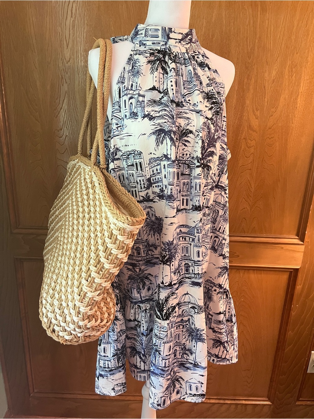 NWT Sz XL Calypso St. Barth Blue & White Toile Halter Mini Dress